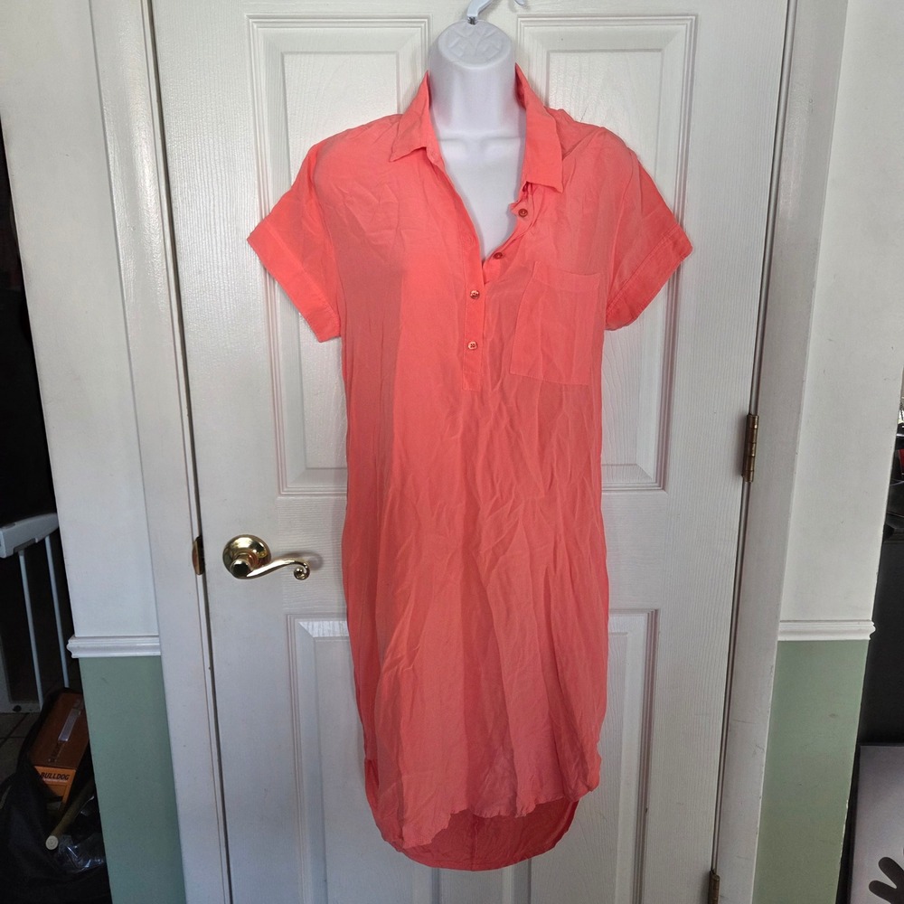 Armani Exchange Womens Coral Pink Silk Lyocell Shirt Dress Size 10 High Low Hem